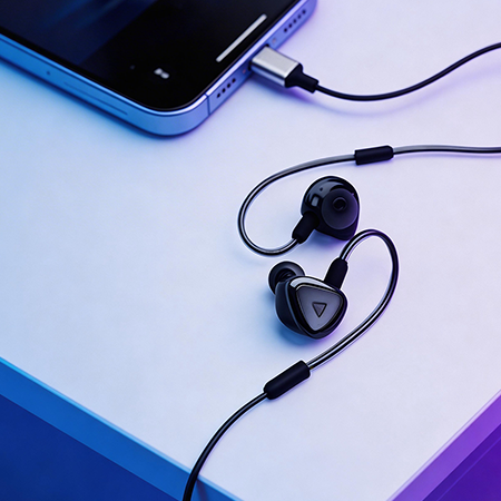 Dubbing AI voice changing earbuds connected to a smartphone
