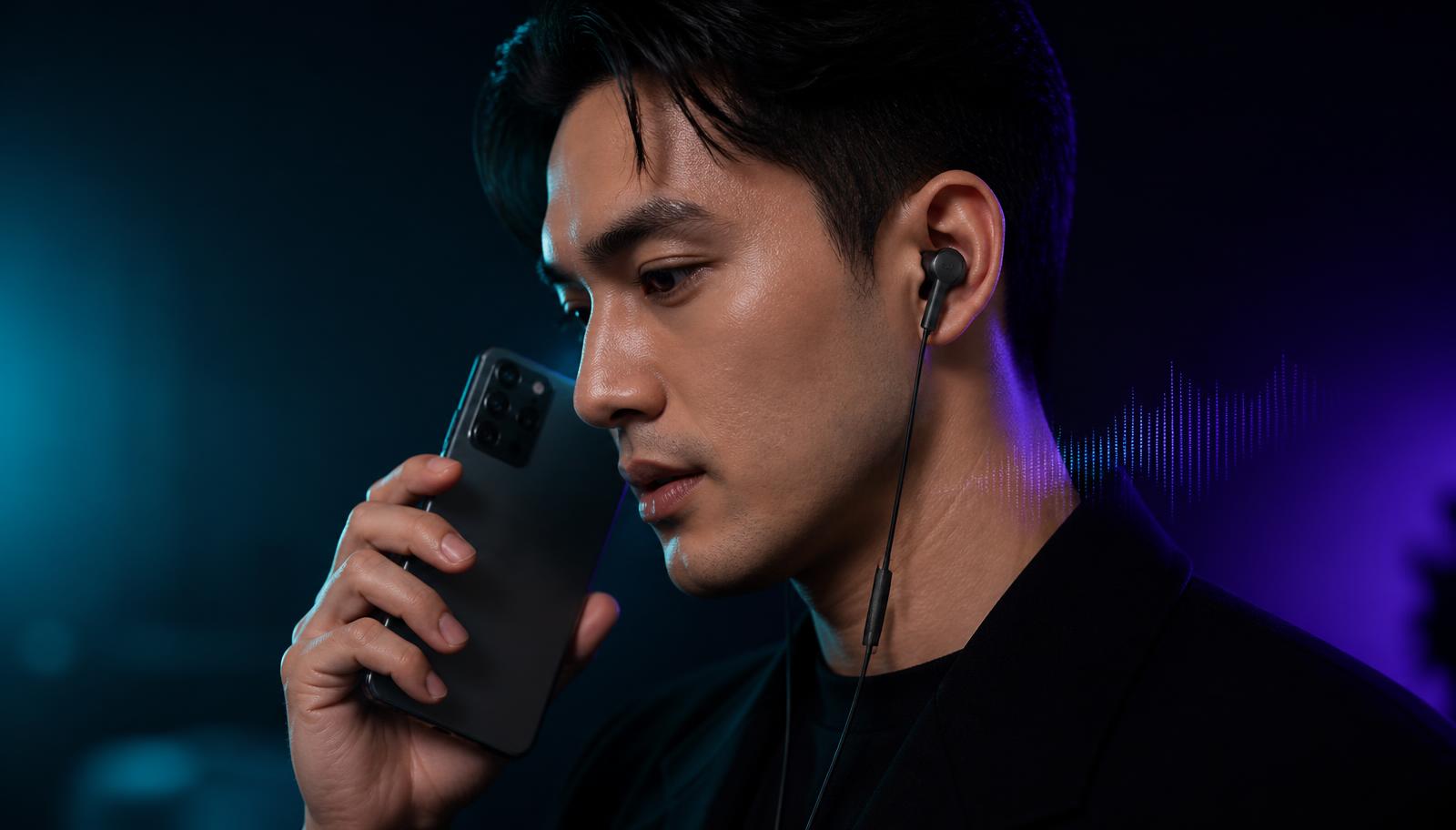 A man speaking into an Android phone during a call while wearing wired in-ear earbuds, lit in teal and violet