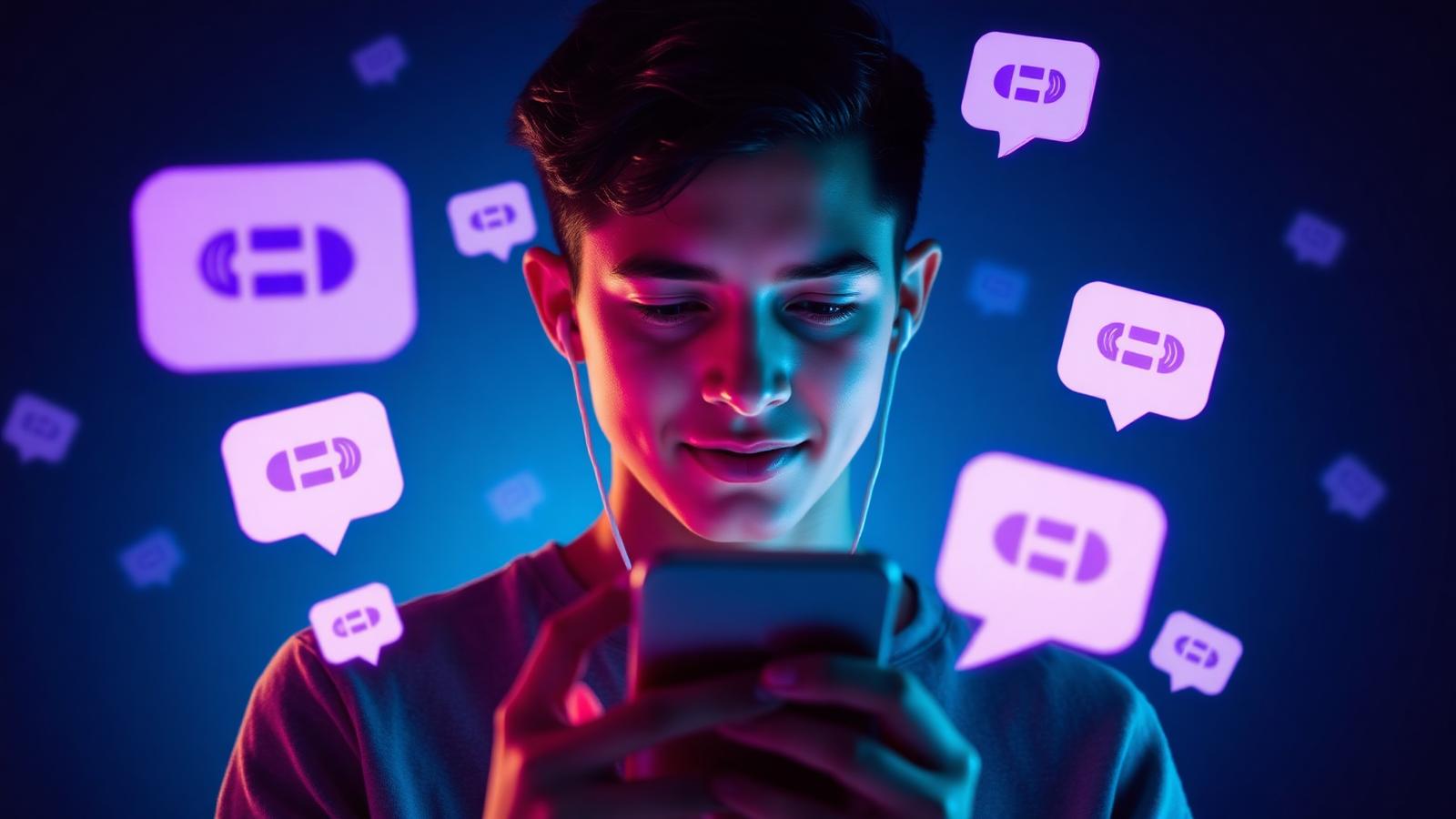 A young person holding a smartphone while wearing wired earbuds, surrounded by glowing call app bubbles in teal and violet light
