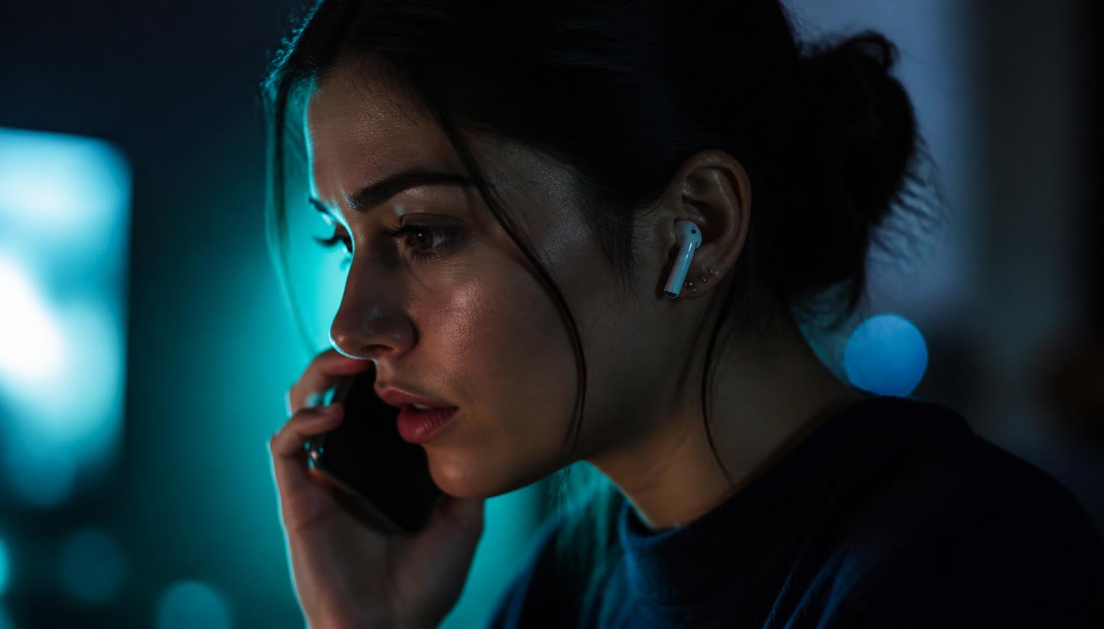 A person on a phone call in a dark room lit by teal light, wearing a wireless earbud