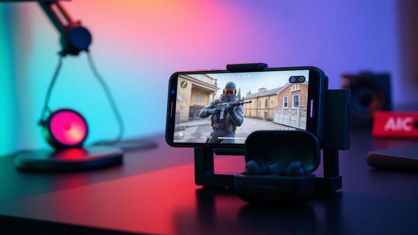 Smartphone in a gaming grip running a first-person shooter with wireless earbuds in an open case beside it