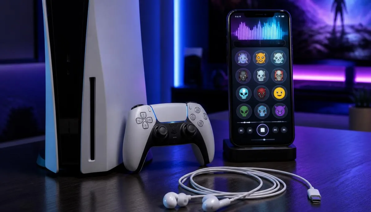 A PS5 console and DualSense controller on a dark desk beside a phone running the Dubbing AI voice changer app and white wired USB-C earbuds