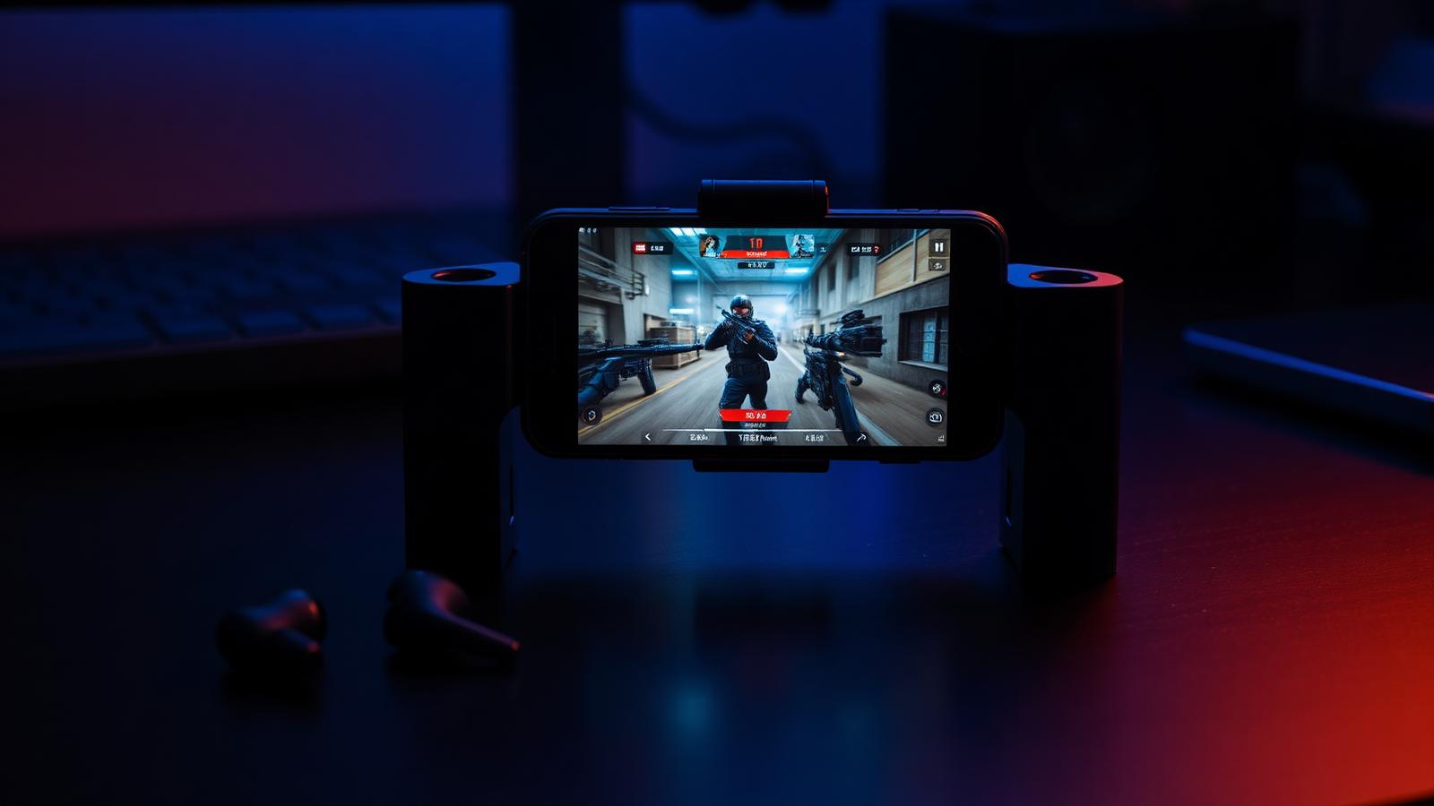 A smartphone in a gaming grip running a mobile first-person shooter on a dark desk, with wireless earbuds beside it under blue and red lighting