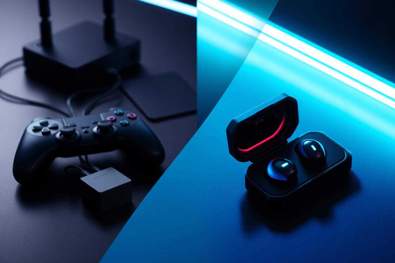 Split-screen photo of a game controller with a cabled bridge box on the left and a glowing pair of wireless earbuds in an open charging case on the right, lit in blue neon