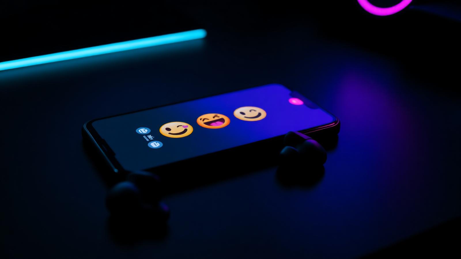 A phone on a dark gaming desk showing a voice chat screen with reaction emojis, wireless earbuds beside it under cyan and magenta lighting