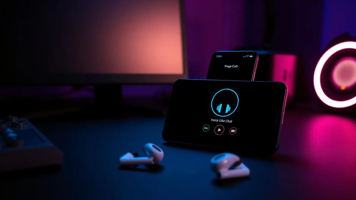 A phone showing a voice chat call on a dark gaming desk, wireless earbuds resting beside it under cyan and magenta lighting