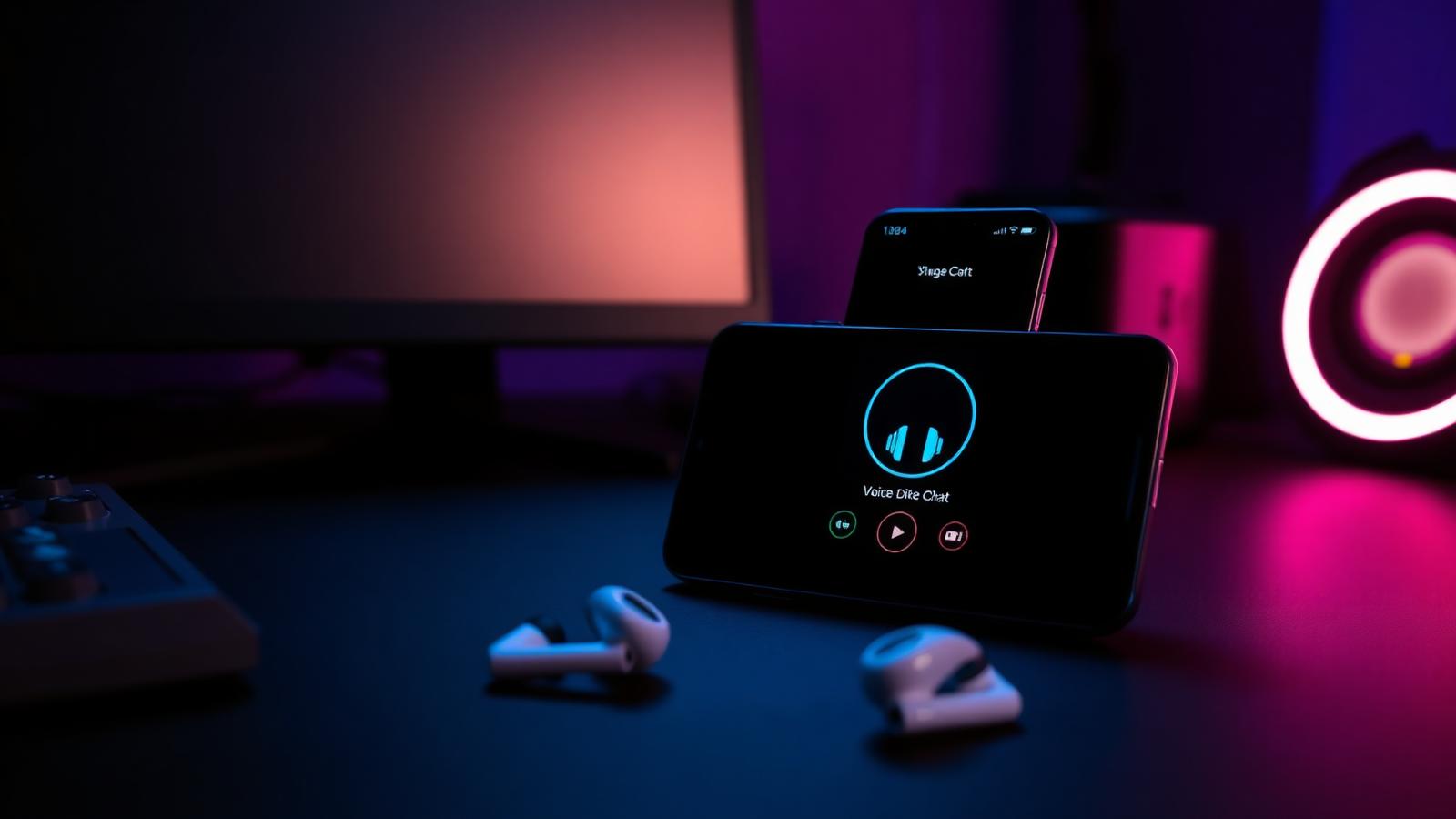 A phone showing a voice chat call on a dark gaming desk, wireless earbuds resting beside it under cyan and magenta lighting