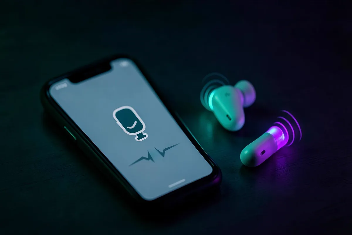 A smartphone showing a voice changer app with a microphone icon and flat waveform, next to glowing wireless earbuds in teal and violet light