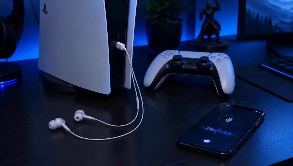 White wired USB-C earbuds plugged into the front USB-C port of a PS5 console, with a DualSense controller and a phone running a voice app on a dark desk