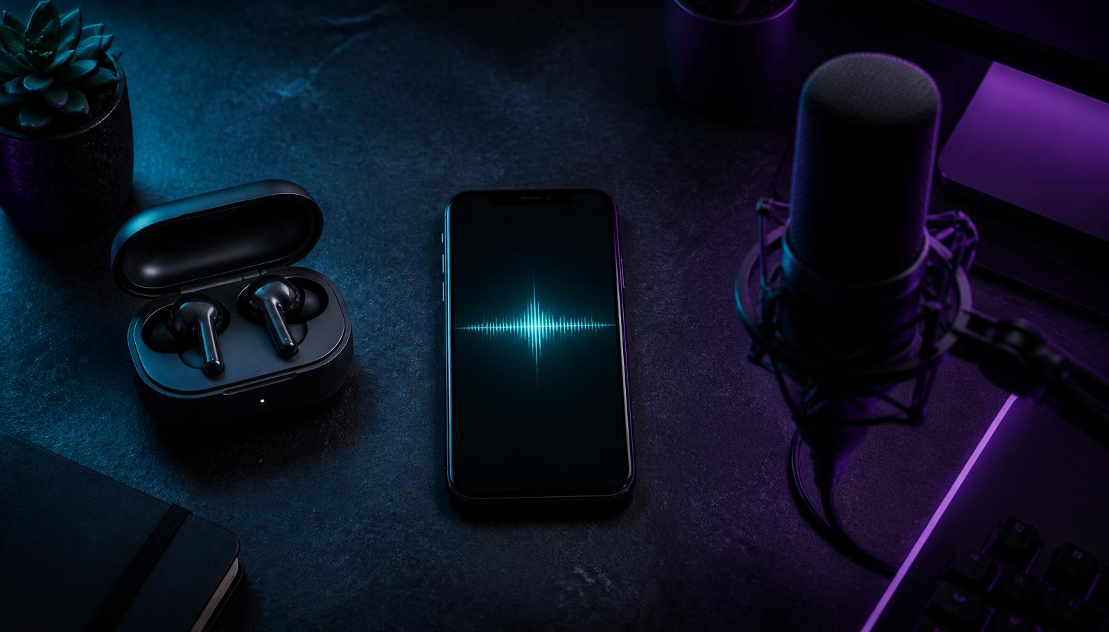 Wireless earbuds, a smartphone showing a teal voice waveform and a studio microphone arranged on a dark desk under teal and purple lighting