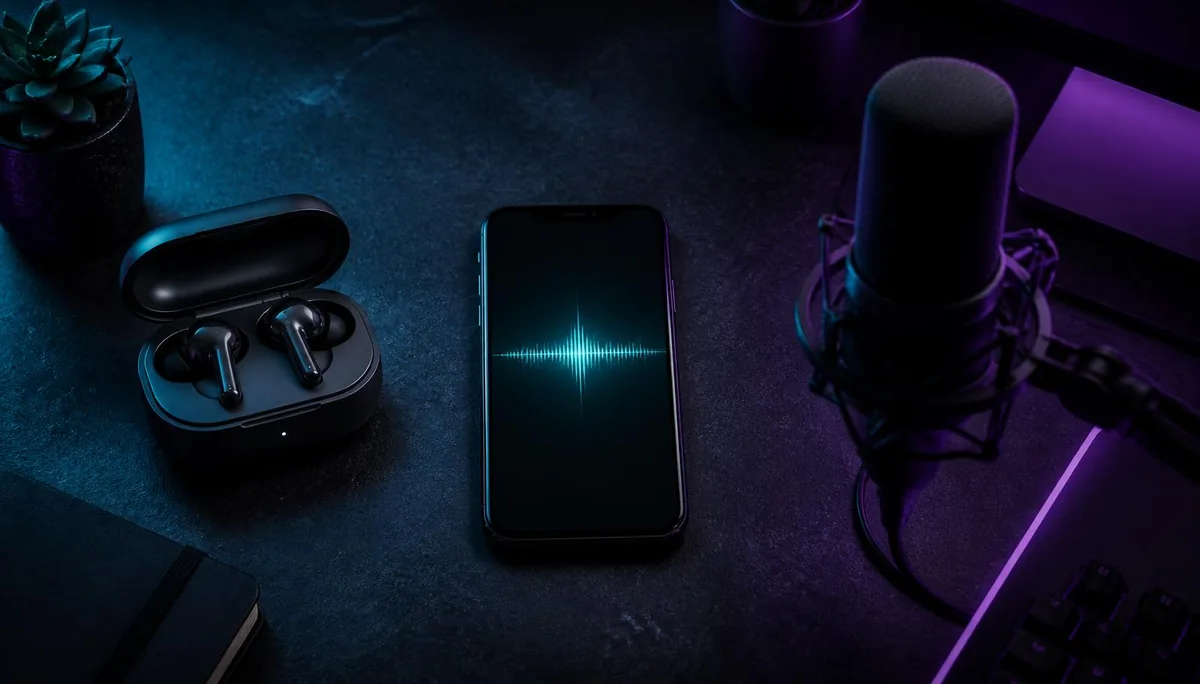 Wireless earbuds, a smartphone showing a teal voice waveform and a studio microphone arranged on a dark desk under teal and purple lighting