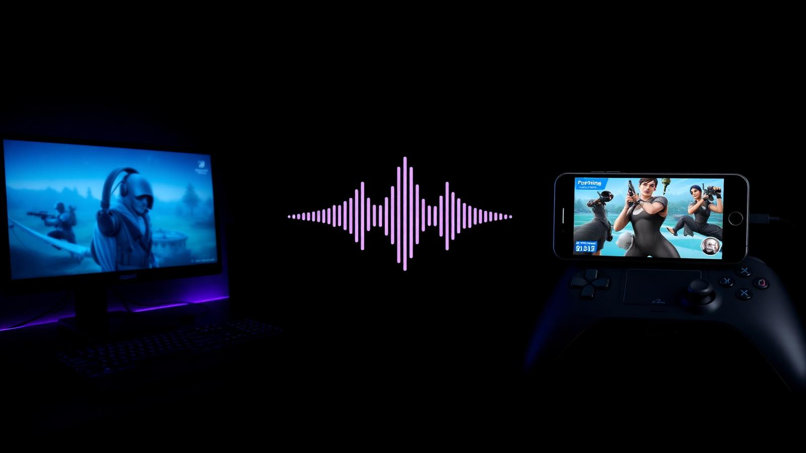A desktop monitor and a smartphone both running Fortnite, connected by a single voice waveform with Dubbing AI voice changing earbuds in the scene
