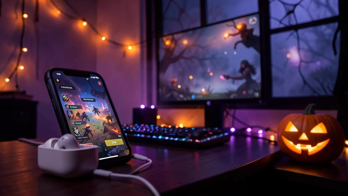 A phone showing a battle royale game lobby beside white wireless earbuds and a glowing jack-o'-lantern in a purple-lit gaming room