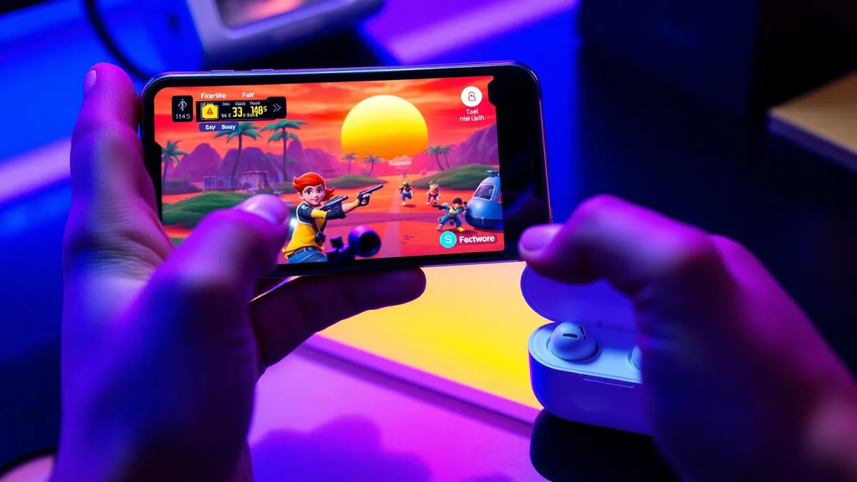 Hands holding a smartphone running a colorful cartoon-style battle royale match at sunset, with a wireless earbuds case beside it under blue and purple ambient lighting