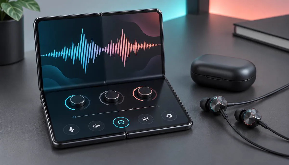 An open foldable smartphone displaying audio waveforms beside black voice-changing earbuds on a studio desk