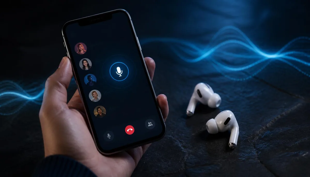 An iPhone showing a voice chat call next to a pair of wireless earbuds on a dark surface