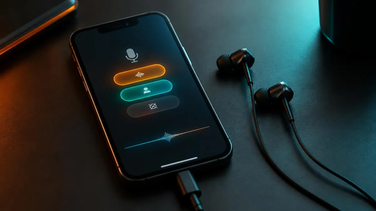 An iPhone on a dark desk with wired USB-C earbuds plugged in and a glowing microphone mode menu on screen