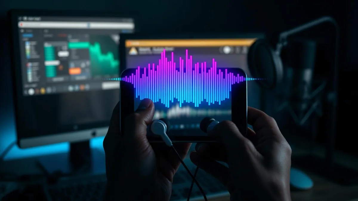 Hands holding a smartphone with wired earbuds and a glowing audio waveform on screen, a blurred desktop PC and studio microphone behind it