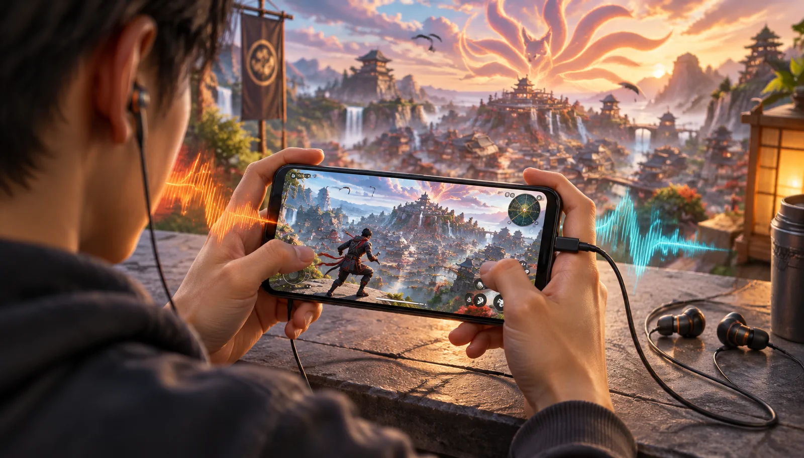 A mobile gamer using wired USB-C earbuds while playing in an original ninja-themed battle royale arena