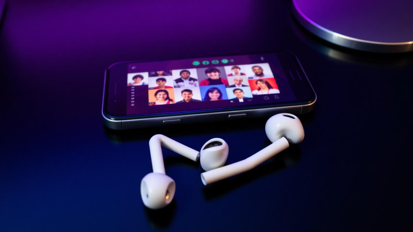 A smartphone on a dark desk showing a mobile social gaming app with a grid of friends in a voice room, white wireless earbuds resting beside it under purple and teal lighting