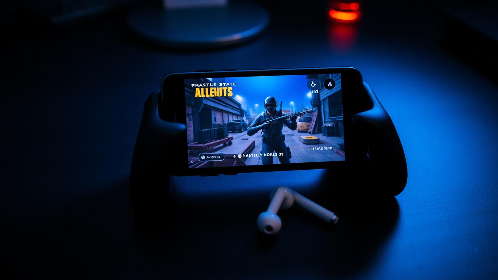 A smartphone in a gaming controller grip running a tactical battle royale shooter on a dark desk, with white wireless earbuds beside it under blue tactical lighting
