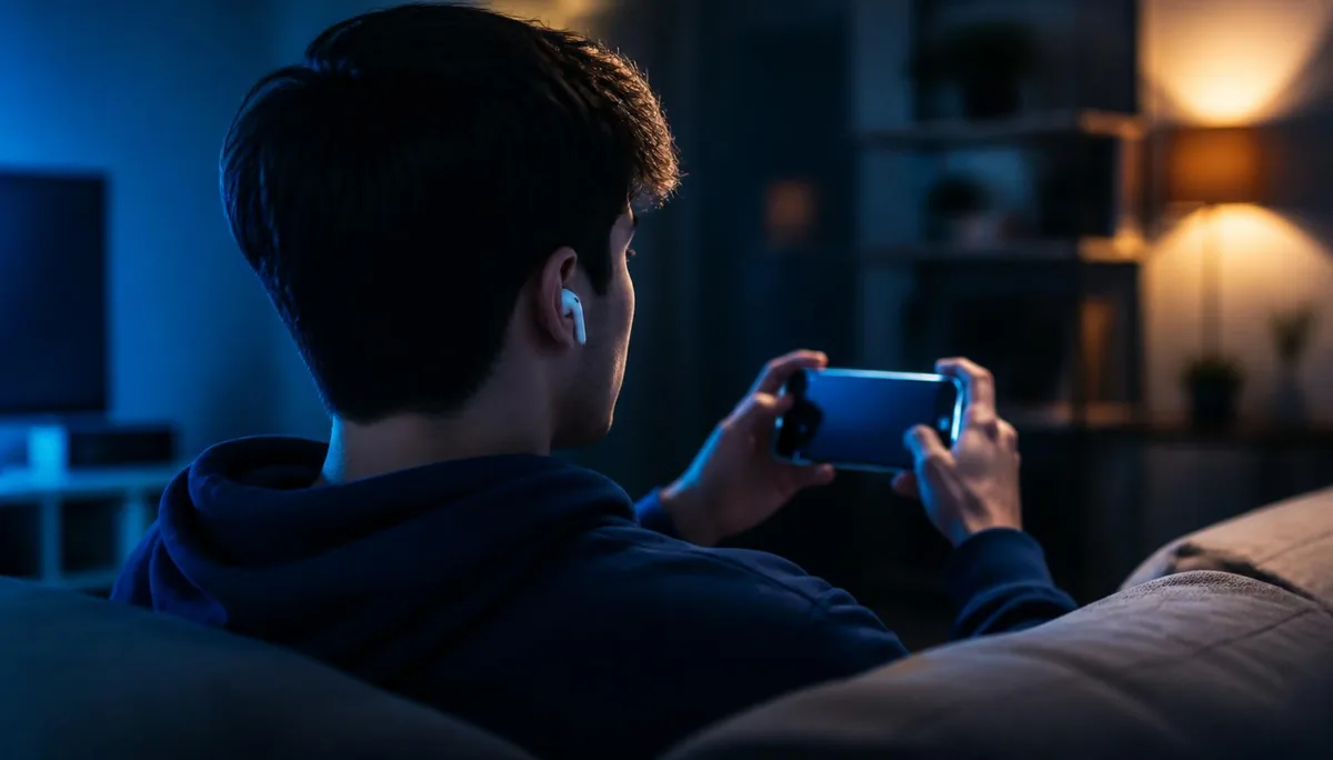 Over-the-shoulder view of a player wearing white wireless earbuds while holding a phone horizontally in a dark room