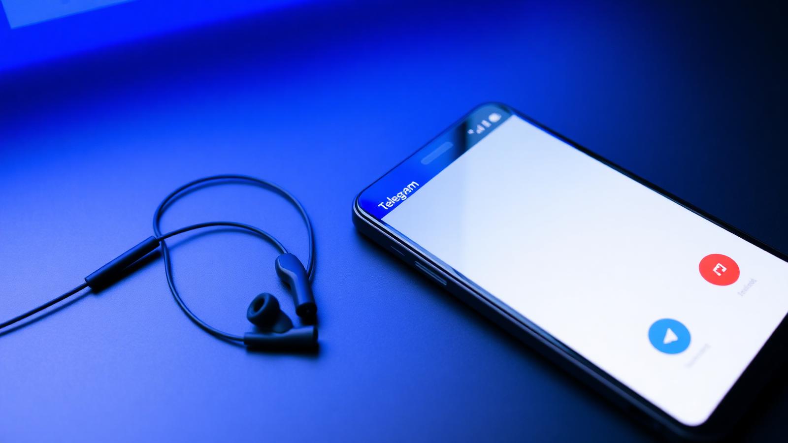 A smartphone showing an active Telegram voice call screen next to a pair of wired in-ear earbuds on a dark blue surface