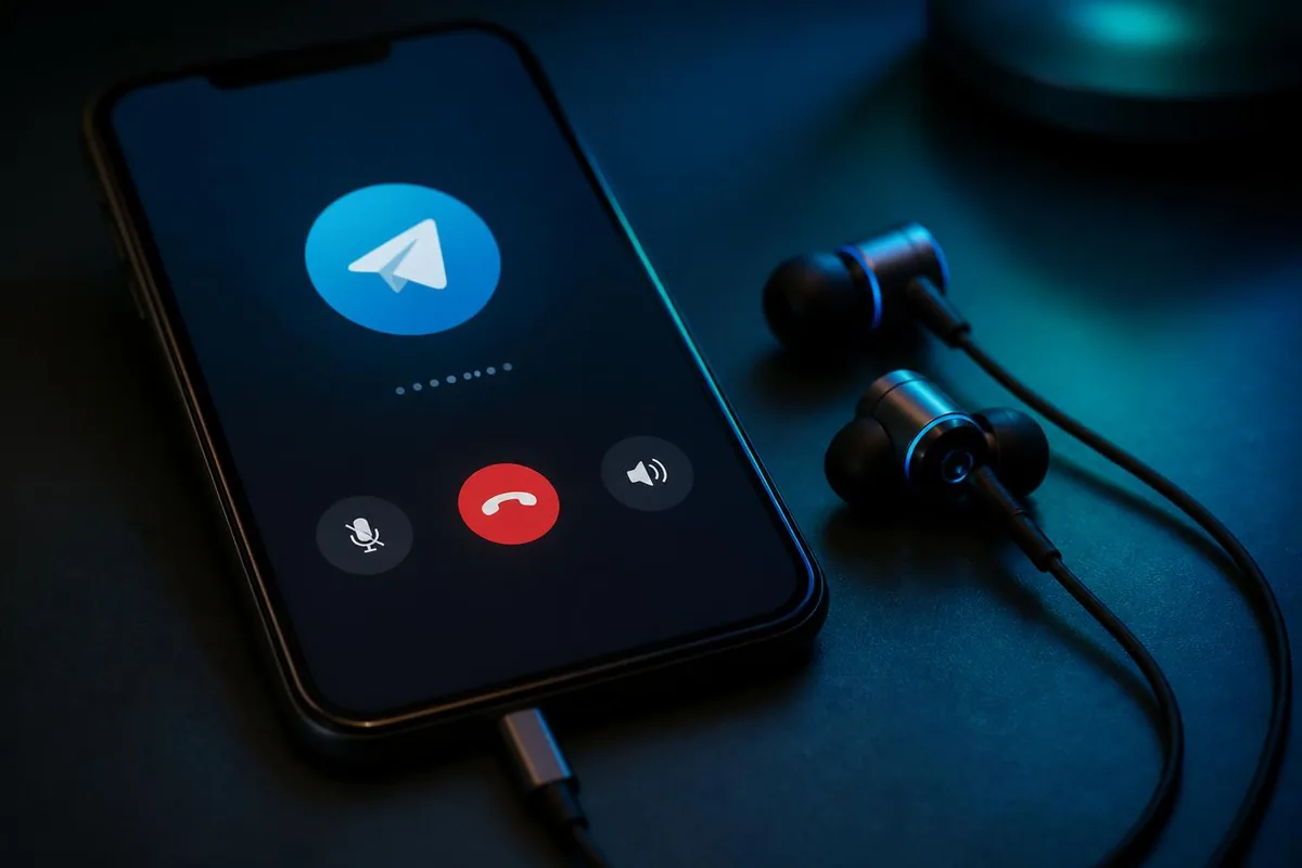 A smartphone showing an active Telegram voice call next to a pair of wired in-ear earbuds on a dark surface