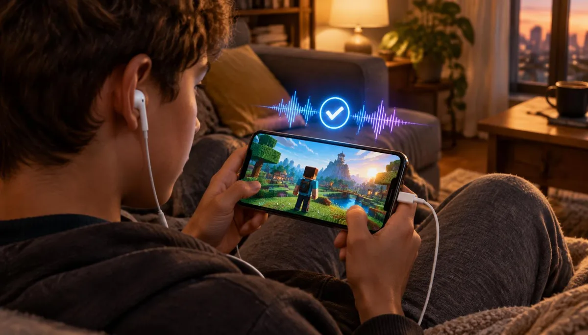 Player on a couch holding a phone showing a blocky game world, with wired white USB-C earbuds and a glowing sound wave and checkmark above the screen