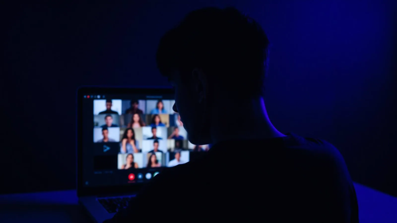 A person on a video call in violet studio light, wearing a wireless earbud, laptop screen showing a call interface turned away from the camera
