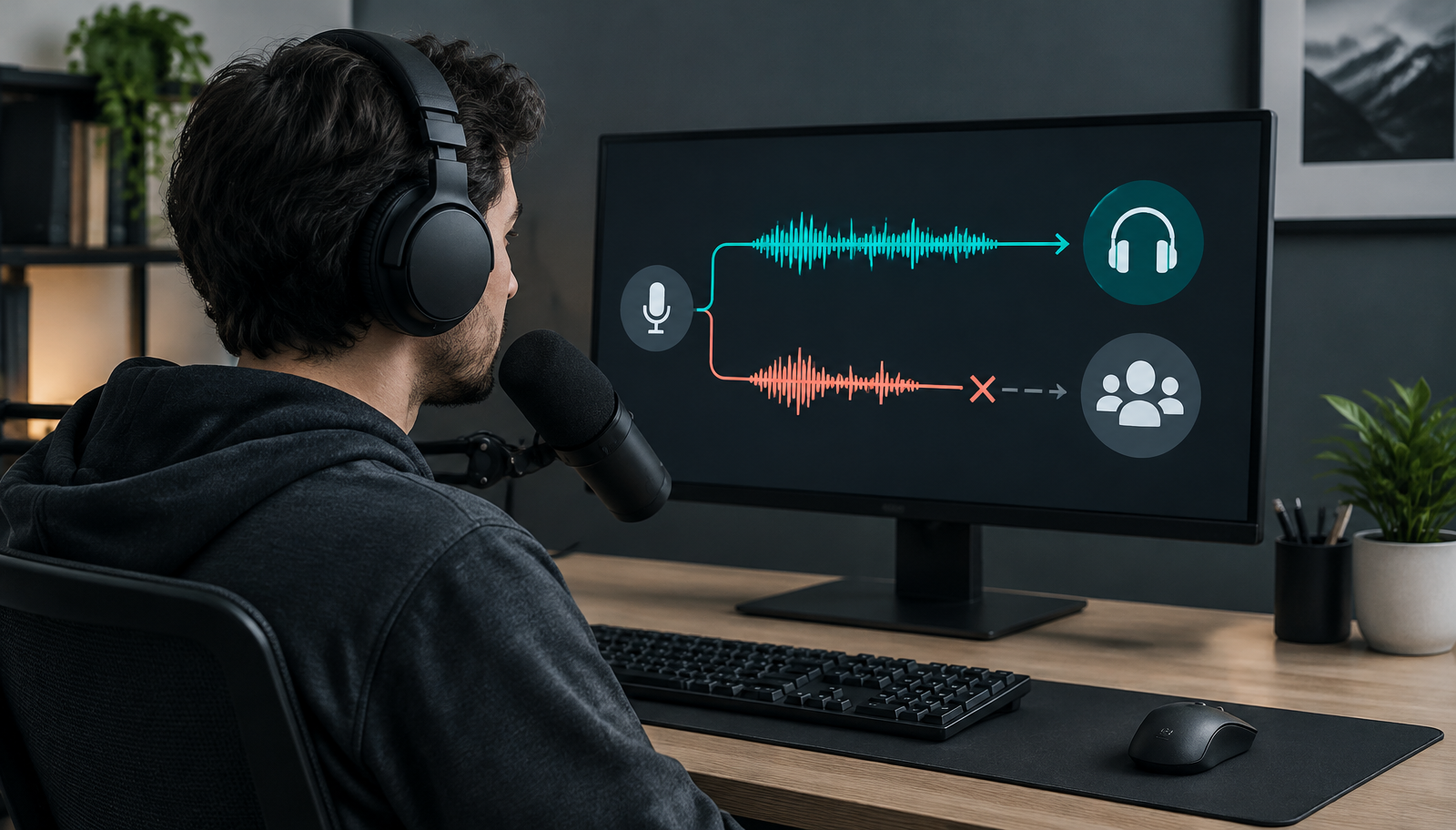 A PC user monitoring a working voice effect while a second audio route to a group voice chat is interrupted