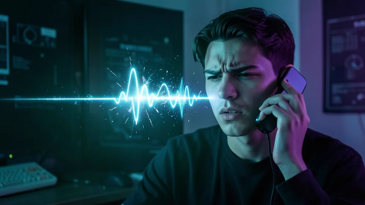 A person on a phone call watching a glowing voice waveform break apart mid-air, lit in teal and violet
