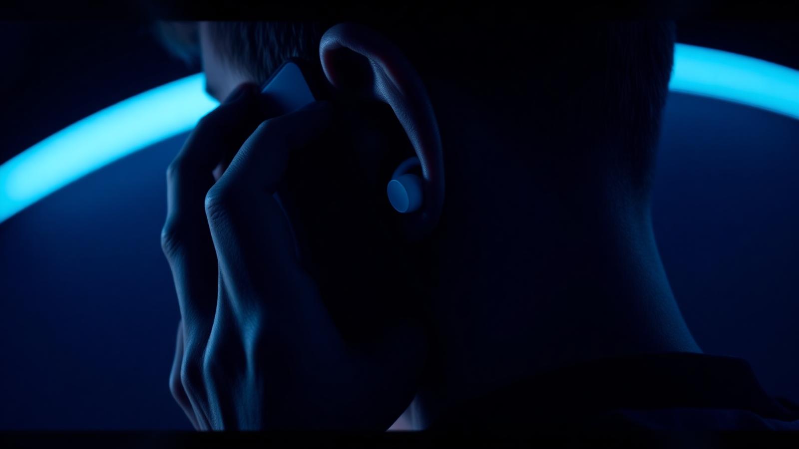 Close-up of a person holding a phone to their ear while wearing a wireless earbud, lit by blue studio light