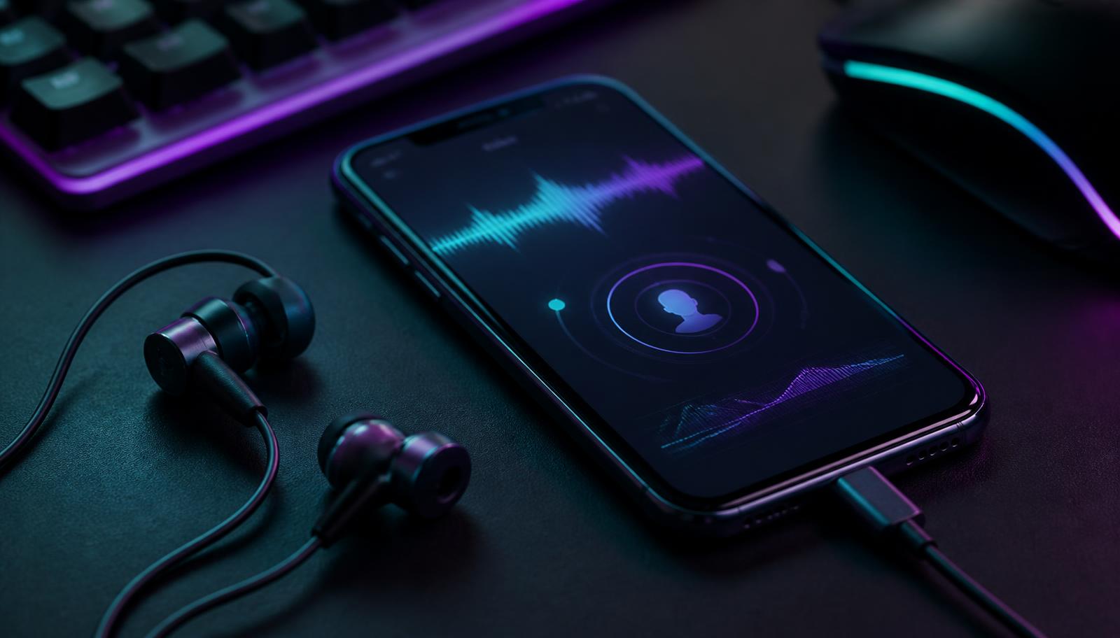 Wired in-ear earbuds lying beside a smartphone on a dark gaming desk, the phone screen showing a voice waveform in teal and purple light