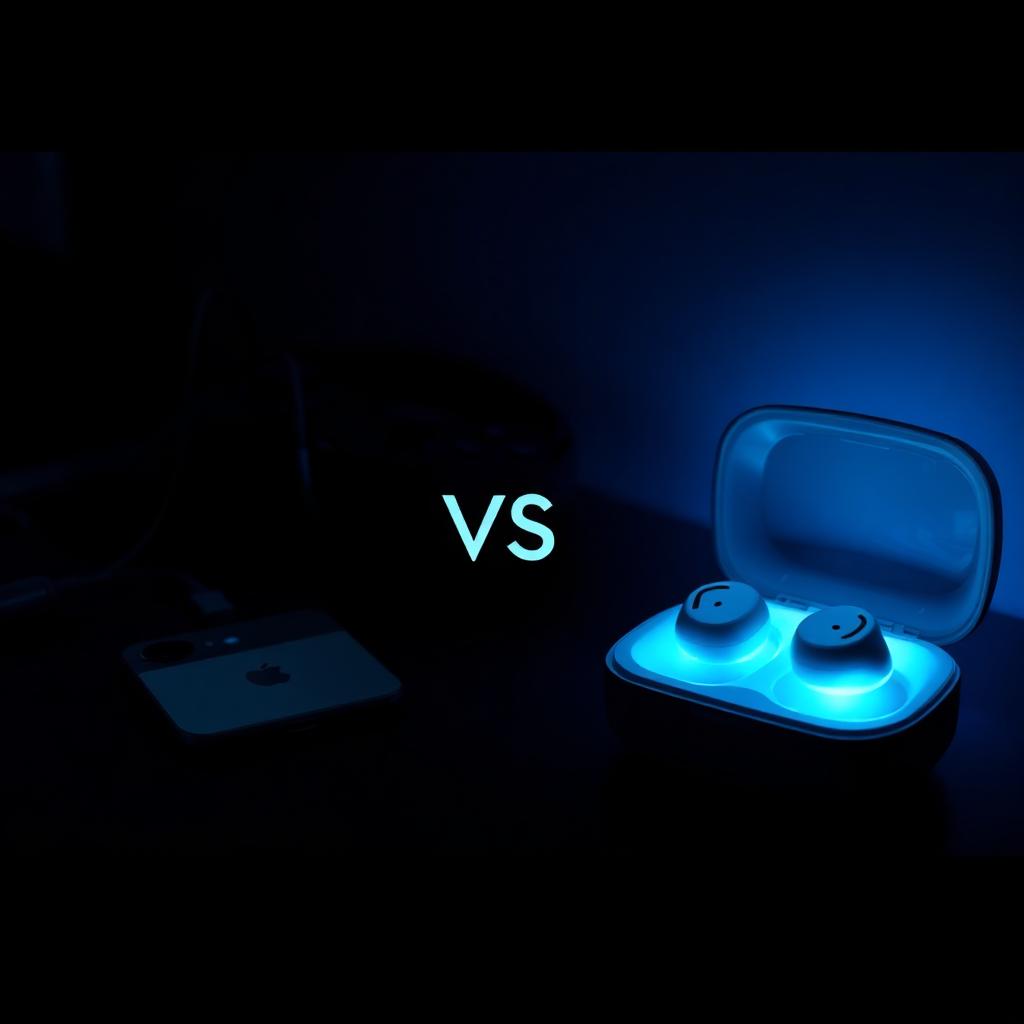 A gaming phone and controller on the left versus a glowing pair of wireless earbuds in an open charging case on the right, on a dark blue desk