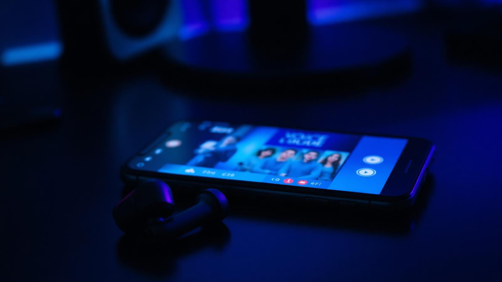 A smartphone showing a mobile voice chat party room on a dark desk, with wireless earbuds resting beside it under blue and violet lighting