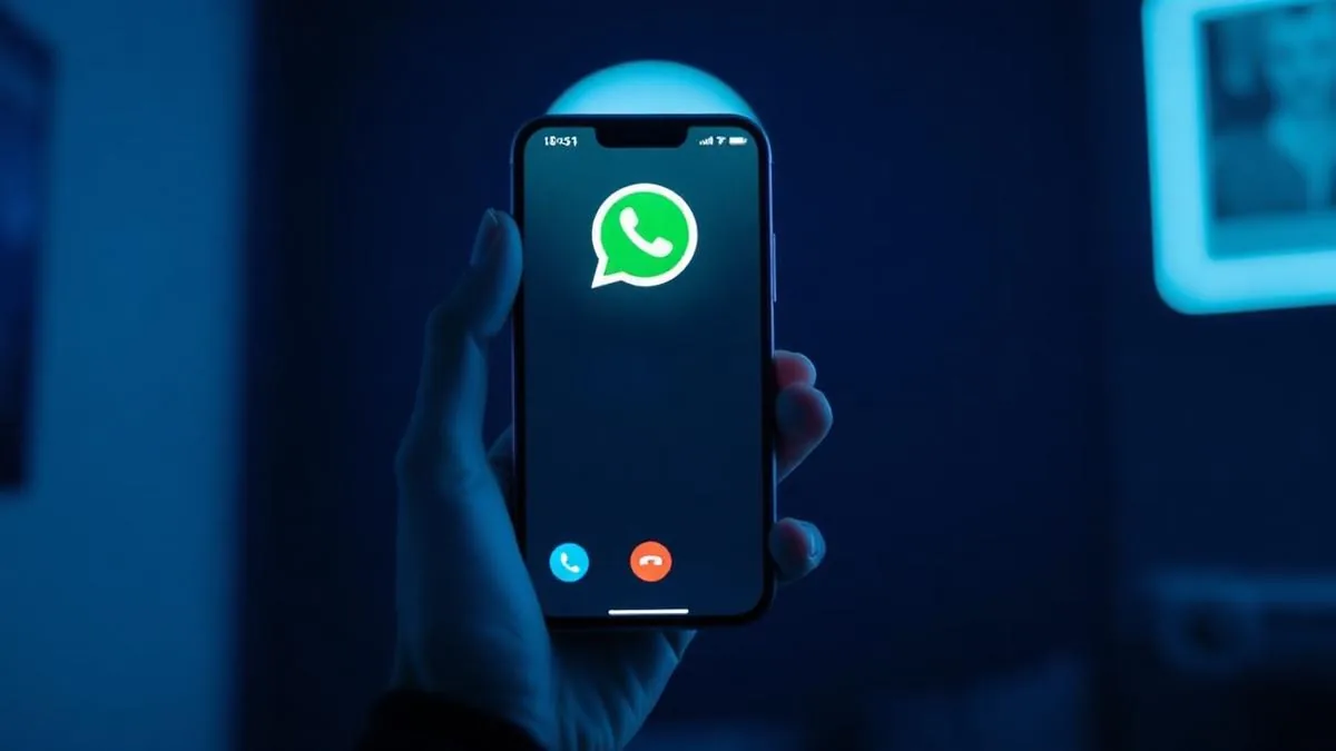 A hand holding a smartphone showing an active WhatsApp voice call screen in a dark teal-lit room