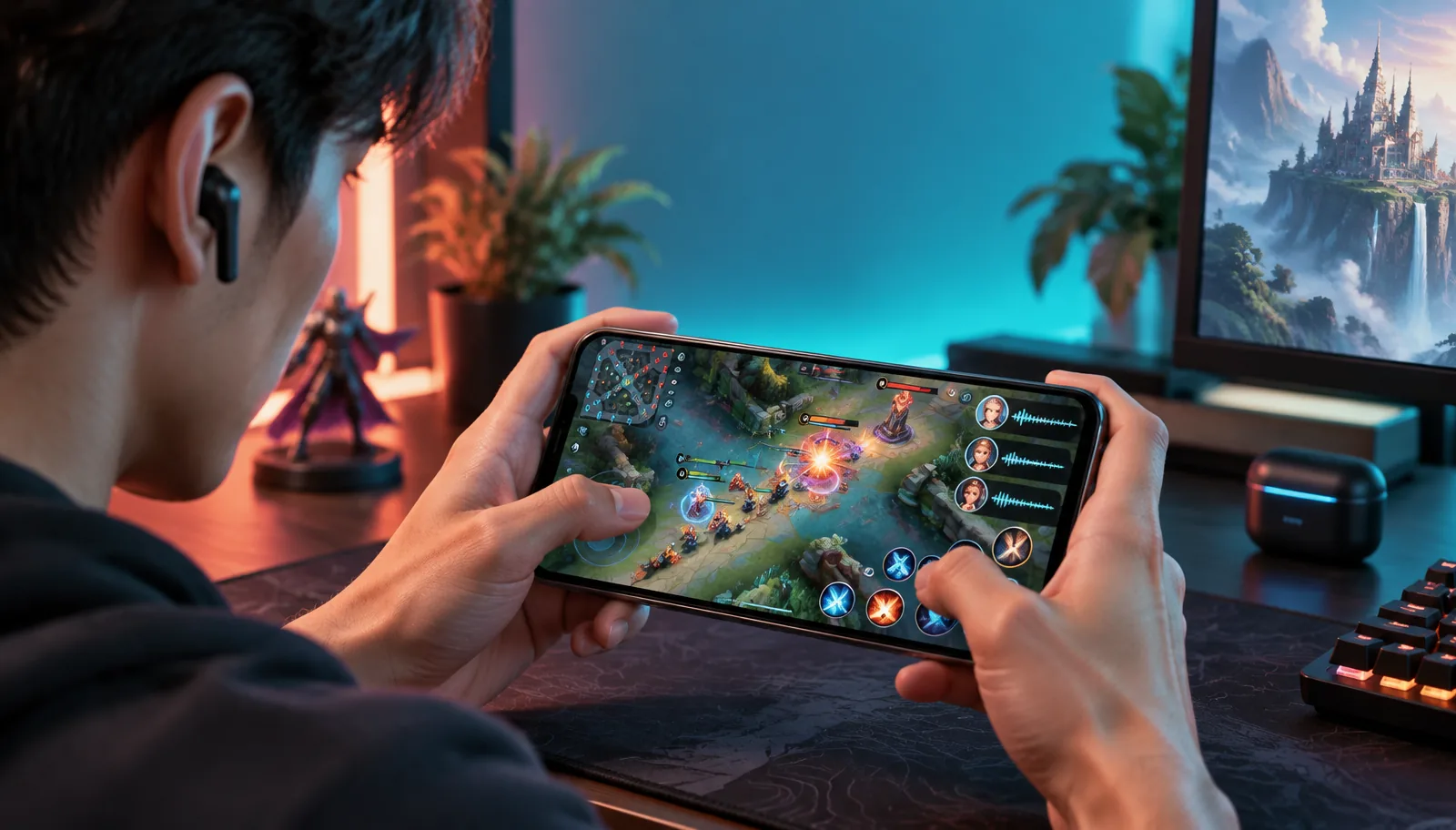 Mobile gamer wearing wireless earbuds while playing a fantasy team battle game on a smartphone