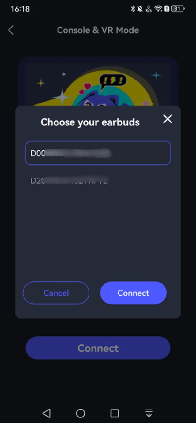 Choose your earbuds dialog listing detected Dubbing AI earbuds by SN code