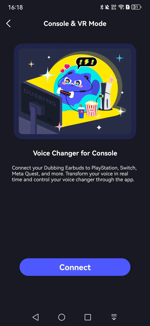 Console & VR Mode screen in the Dubbing AI app with the Connect button
