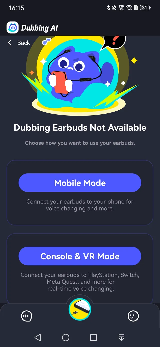 Dubbing AI app earbuds page with the Mobile Mode and Console & VR Mode buttons