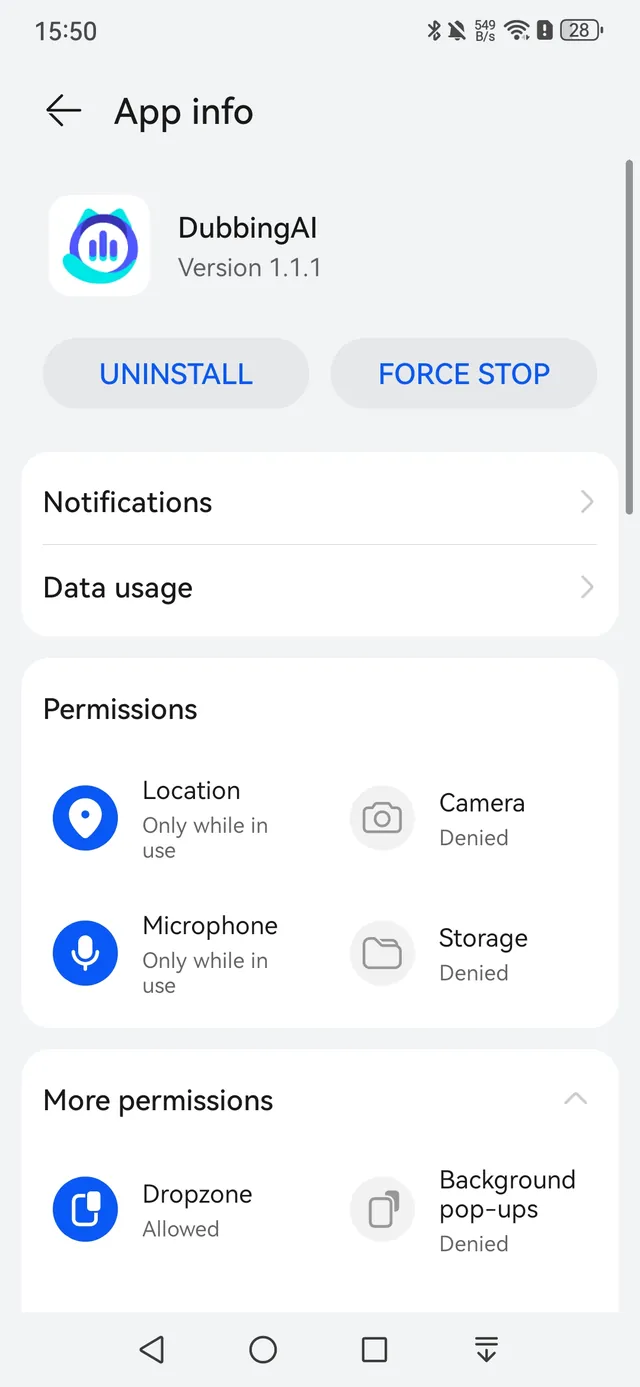 Android app info page showing Dubbing AI permissions for Location, Microphone and Dropzone