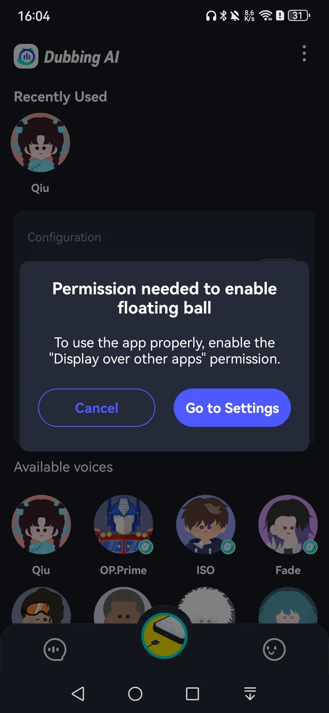 Dubbing AI prompt to enable the Display over other apps permission for the floating ball