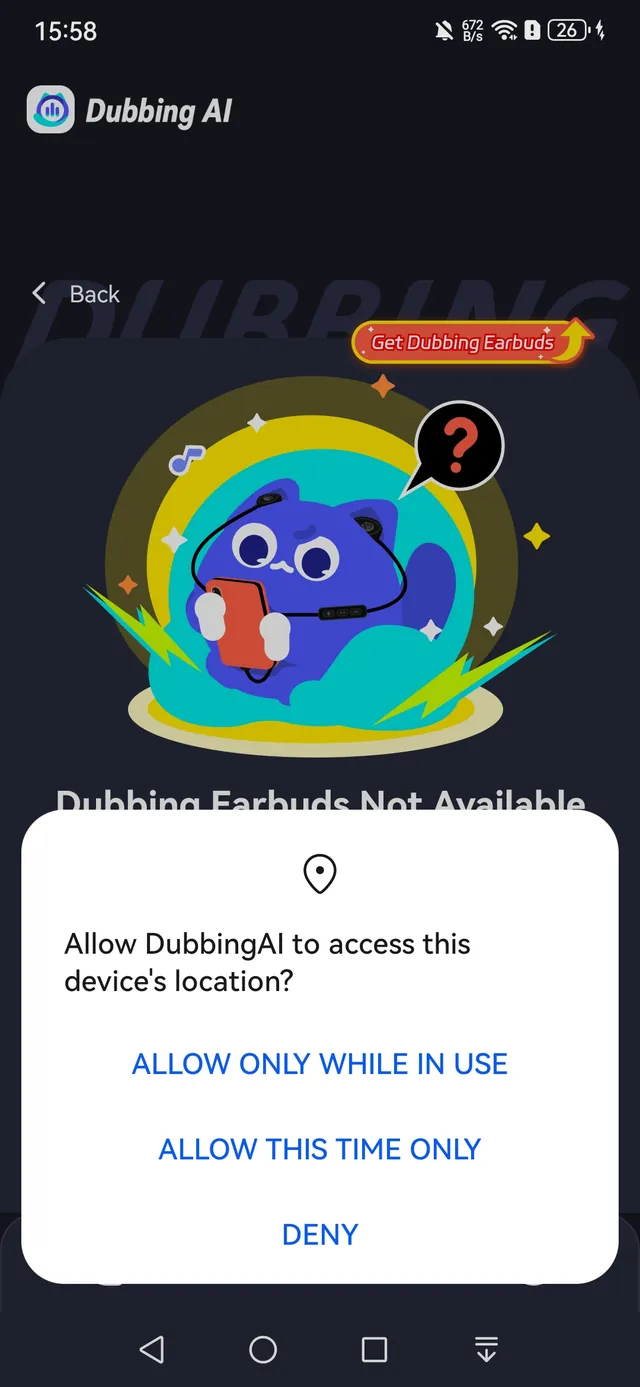 Android dialog asking to allow Dubbing AI to access the device location