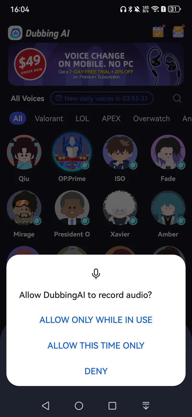 Android dialog asking to allow Dubbing AI to record audio
