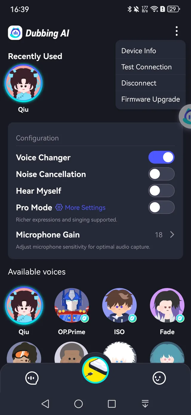 Tap the three dots on the earbuds page to open Device Info, Test Connection, Disconnect and Firmware Upgrade