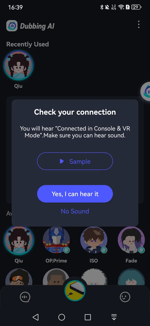 The Check your connection dialog with the Sample button in the Dubbing AI app