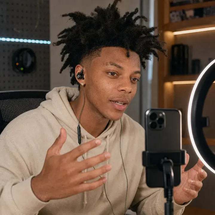 Creator live streaming from a phone while wearing Dubbing Earbuds