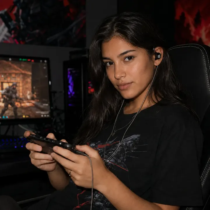 Mobile gamer wearing Dubbing Earbuds while playing on a phone
