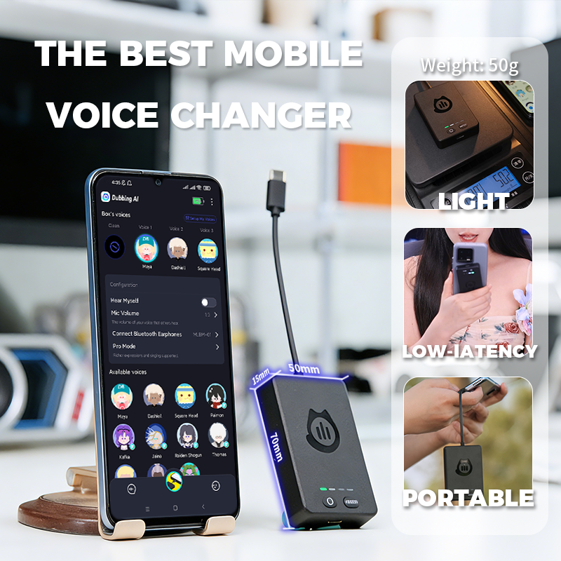 Phone with voice changer app and device, highlighting features like weight, lightness, low latency, and portability.